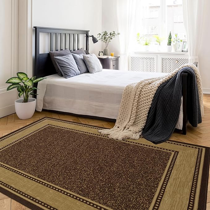 Ottomanson 5' x 6'6" Rugs for Living Room Border Area Rug for Bedroom - Non Slip Durable Large Floor Carpet for High Traffic Areas - Indoor Rug for Dining Room Kitchen Kids Playroom, Brown
