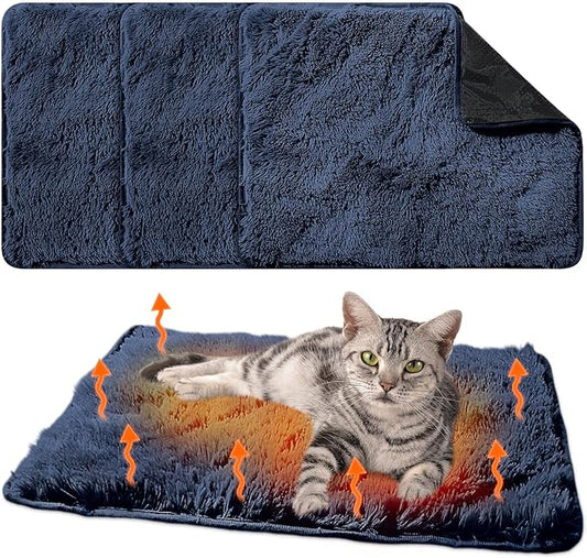 4 Pack Self Warming Cat Pad Self Heating Cat Mat Thick Faux Fur Plush Pet Bed Thermal Washable Dog Mat Anti Slip Bottom for Outdoor Indoor Pets(Navy,16" X 20")