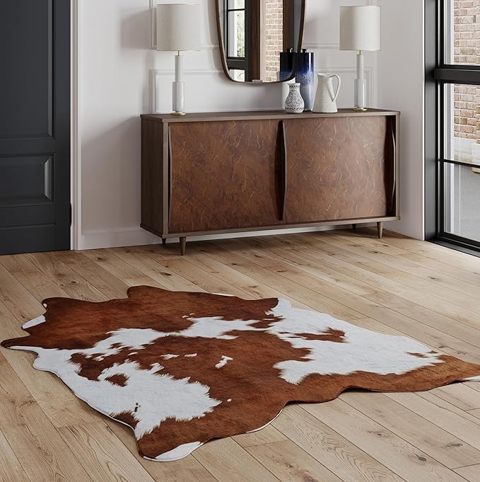 NativeSkins Faux Cowhide Rug ??Brown and White (Oversized) | 6'3" x 8'2" | Cow Print | Western Bedroom Decor | Hand-Cut, Faux Suede No-Slip Backing | Western Rug | Animal Print | Cow Hide