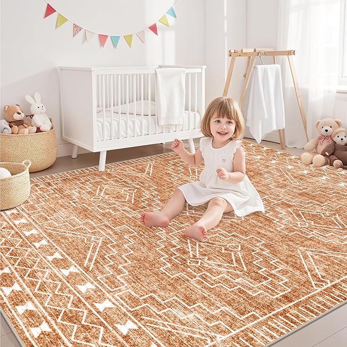 9x12 Area Rugs Living Room Rug: Washable Rug Neutral Lagre Soft Thin Carpet Indoor Floor Non Slip Boho Geometric Moroccan Carpets for Bedroom Dining Room Farmhouse Nursery Office - Dark Brown