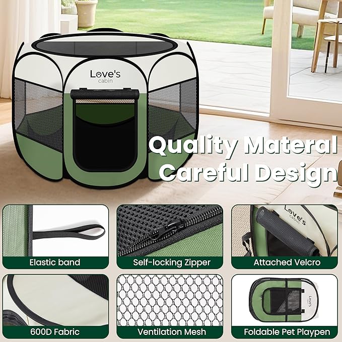 Love's cabin Pet Puppy Dog Playpen, Large Dog Tent Crates Cage Indoor/Outdoor, Portable Playpen for Cat, Foldable Pop Up Dog Kennel Playpen with Carring Case, Removable Zipper Top, Olive Green