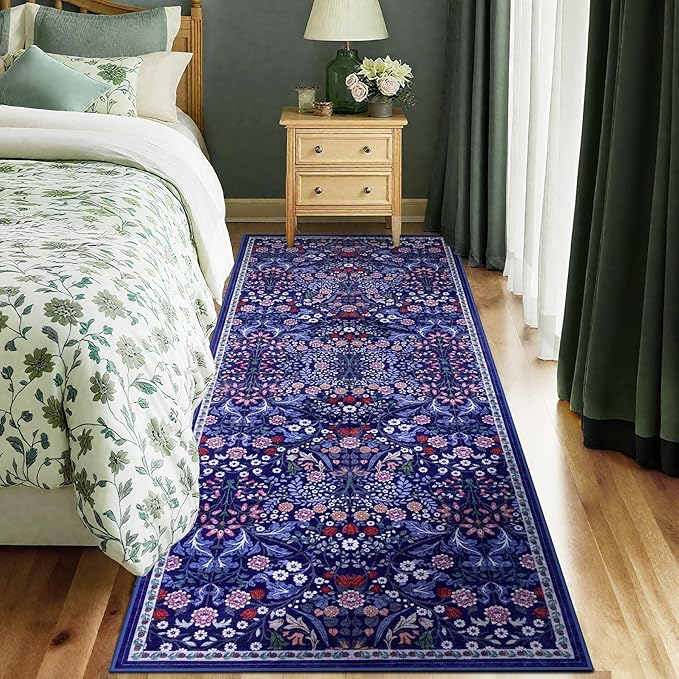 Runner Rug for Entryway: 2x6 Kitchen Rugs Non Slip Washable Ultra-Thin Soft Floral Carpet Indoor Floor Stain Resistant Carpets for Hallway Bedroom Kitchen Laundry Bathroom Dorm Blue
