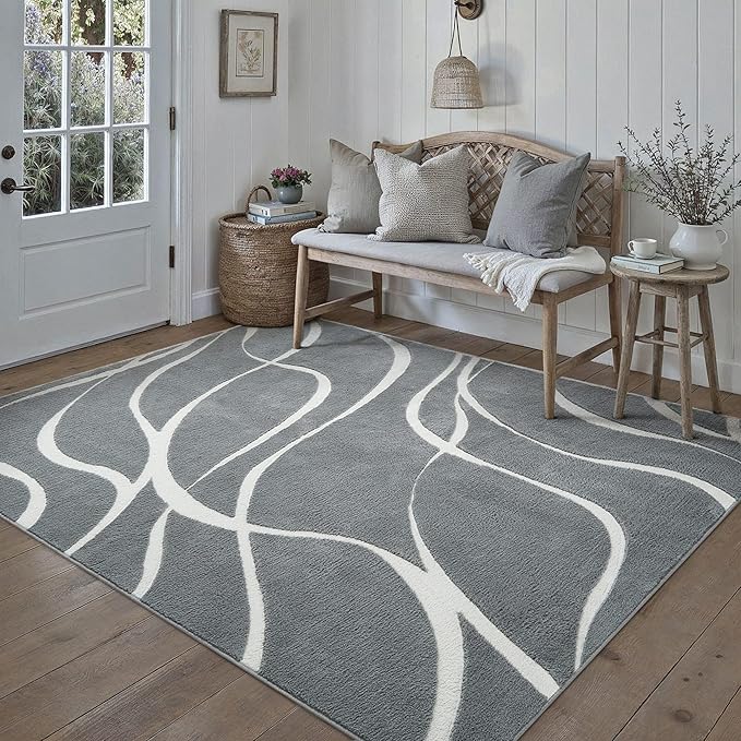 HUGEAR Shag Area Rug 5x7 Grey & Ivory Washable Living Room Bedroom Rug Non Slip Non-Shedding Soft Plush Medium Pile Large Throw Carpet for Home Office Aesthetic Modern Decor