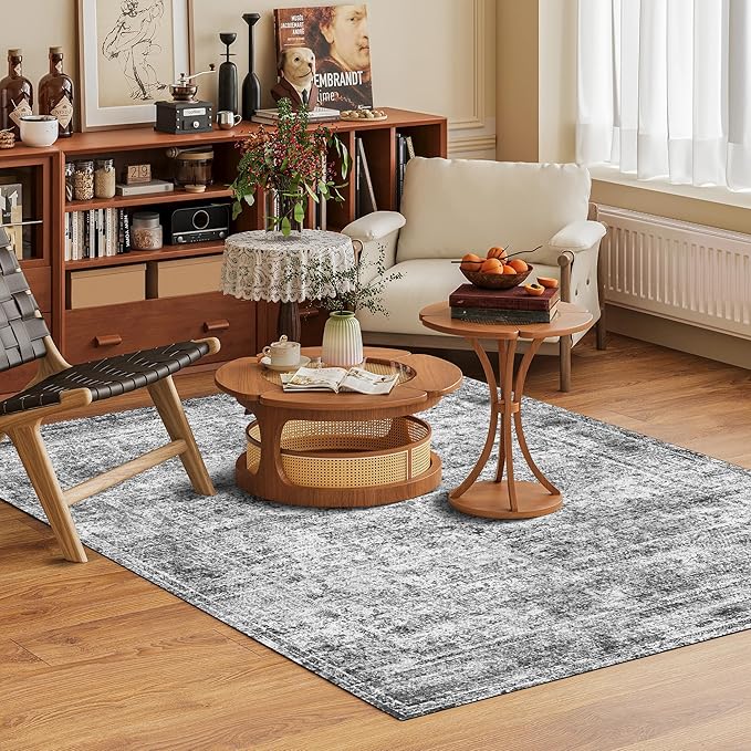 Washable Area Rug 5' x 7' Vintage Traditional Persian Mat - Foldable Distressed Non-Slip Machine Washable Carpet for Living Room Bedroom Kitchen Home Decor - Graphite and Mist