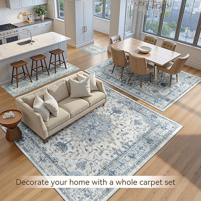 Area Rugs 2'x6' Runner Rug Non Slip Washable for Kitchen Hallway Bedroom Beside Laundry Room Bathroom Rug, Floor Carpet, Light Blue Navy Beige Gray White
