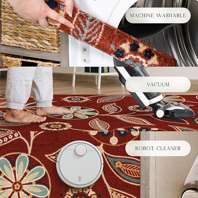 Maples Rugs Reggie Floral Runner Rug - Made in USA - Washable, Non Slip Indoor Carpet for Kitchen, Hallway, and Laundry Room, 2'6" x 5', Merlot