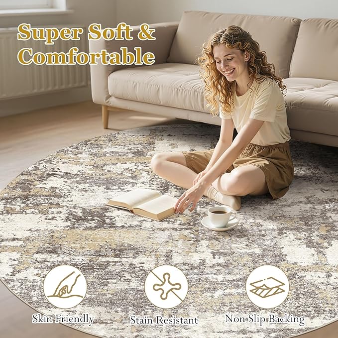 5ft Round Area Rugs for Living Room: 5x5 Abstract Washable Rug Modern Large Soft Stain Resistant Non-Slip Backing Machine Table for Bedroom Dining Room Indoor Home Office Carpet - Gold Brown