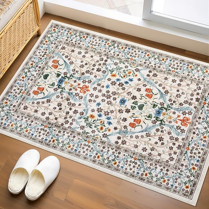 GarveeHome Floral Entryway Rug, 2x3 Washable Front Door Entry Throw Rugs Indoor, Non Slip Bathroom Small Rugs, Boho Thin Rug for Kitchen, Soft Carpet Mat for Bedroom Bathroom, Beige