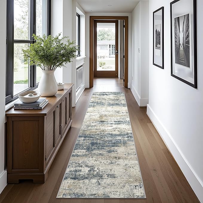 Runner Rug for Hallway Kitchen, 2x12 Machine Washable Runners Rug for Entryway, Soft Modern Abstract Throw Rugs, Low Pile Floor Cover with Non Slip Backing, Navy Beige