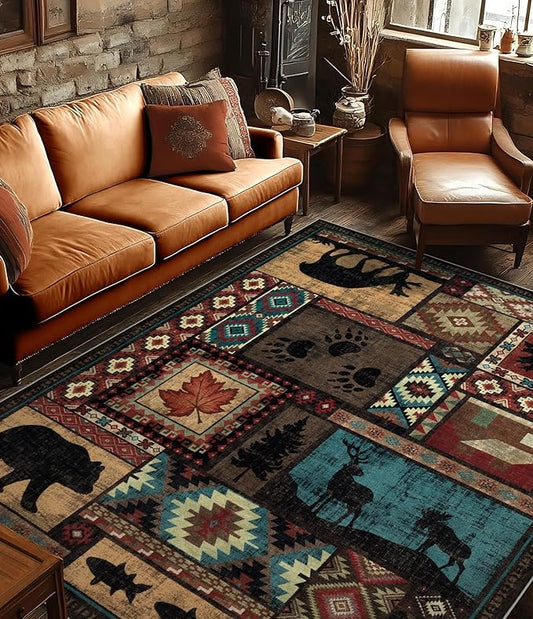 YIHOUSE Rustic Cabin Area Rug 8x10,Machine Washable Lodge Bear Rug,Non-Slip Low Pile Print Pattern Southwestern Rug for Living Room Bedroom