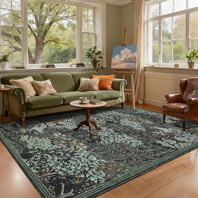 GarveeHome Forest Rugs 6x9, Black Green Washable Area Rug for Living Room, Botanical Low Pile Non Slip Stain Resistance Woodland Area Rug for Farmhouse, Bedroom, Dining Room