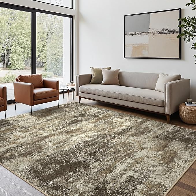 Area Rugs 6x9 for Living Room Bedroom, Modern Abstract Machine Washable Rug, Large Soft Low Pile Floor Cover with Non Slip Backing for Dining Room, Brown