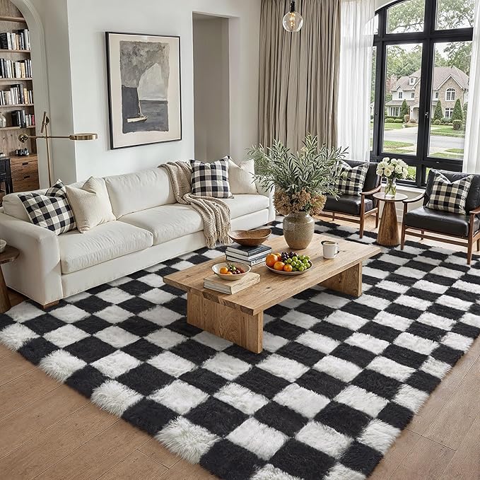 Checkered Rug 5x8 for Living Room, Black and White Modern Shag Rugs Super Soft Washable Indoor Office Fuzzy Carpet Non-Slip Fluffy Rugs for Bedroom Home Aesthetic Decor