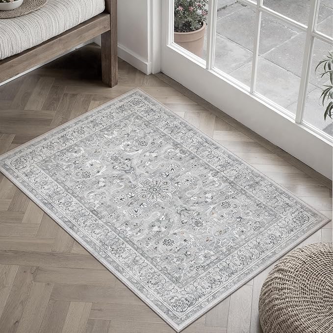 Gray 2x3 Area Rug Entryway Washable Vintage Carpet Door Mat Small Indoor Non Slip Soft Low Pile Thin Stain Resistant Distressed Accent Throw Rug for Kitchen Bathroom Entrance Bedroom