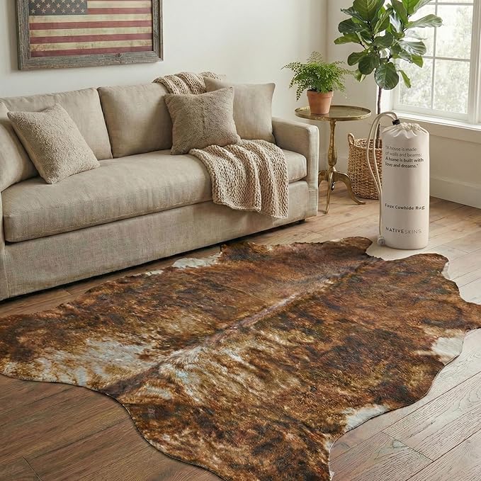 NativeSkins Faux Cowhide Rug ??Brindle (Large) | 4.6ft x 6.6ft | Triple-Layer Support | Ultra-Soft Pile | Hand-Cut, Faux Suede No-Slip Backing | Western Rug | Cow Hide Animal Print