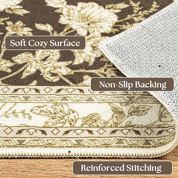 Brown Floral Print Area Rugs for Bedroom Living Room Boho Farmhouse Country Rustic Dining Room Carpet Soft Washable Rugs Non Slip Floor Covering for Nursery Playroom 8x10