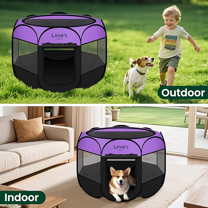 Love's cabin Pet Puppy Dog Playpen, Large Dog Tent Crates Cage Indoor/Outdoor, Portable Playpen for Cat, Foldable Pop Up Dog Kennel Playpen with Carring Case, Removable Zipper Top, Purple