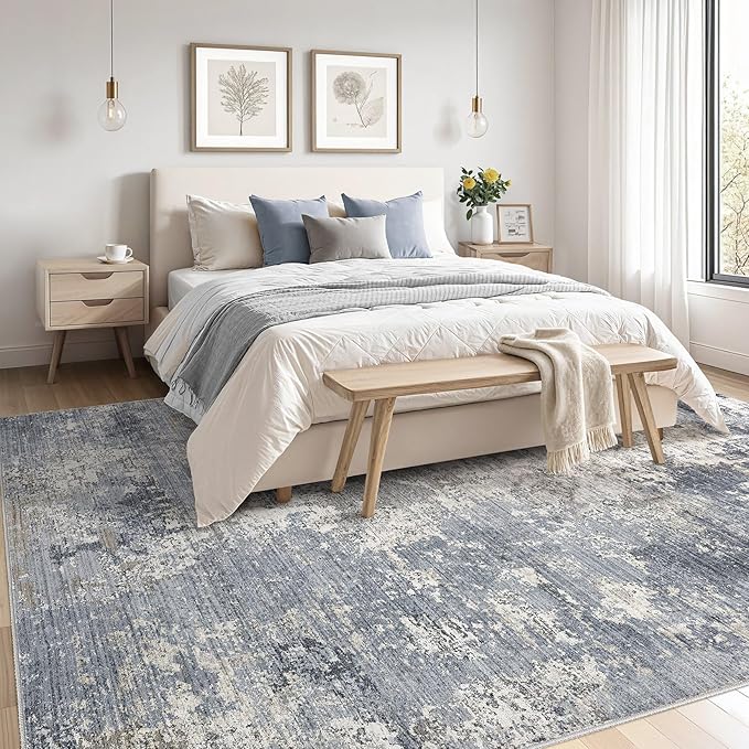Area Rugs for Living Room: 5x7 Abstract Washable Rug Modern Neutral Large Soft Stain Resistant Non-Slip Backing Machine Table for Bedroom Dining Room Indoor Home Office Carpet - Light Denim Blue