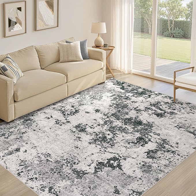 Area Rugs for Living Room: 5x7 Abstract Washable Rug Large Soft Stain Resistant Non-Slip Backing for Bedroom Dining Room Indoor Home Office Carpet for Kids Pet Friendly Families - Dark Grey