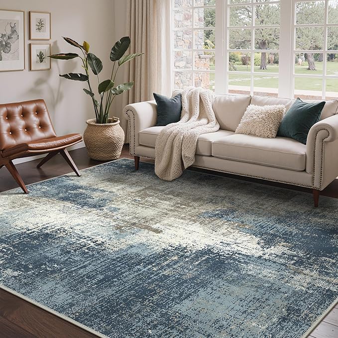 Area Rugs 8x10 for Living Room Bedroom, Modern Abstract Machine Washable Rug, Large Soft Low Pile Floor Carpet with Non Slip Backing for Dining Room, Slate Blue