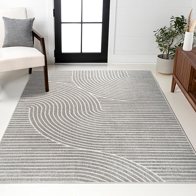 JONATHAN Y Hallie High-Low Curve Gray/Ivory Indoor/Outdoor Area Rug, 6x9, Minimalist, Pet Friendly, Non-Shedding, Stain Resistant, Hose-Washable for Backyard, Patio, Porch (SCN100A-6)