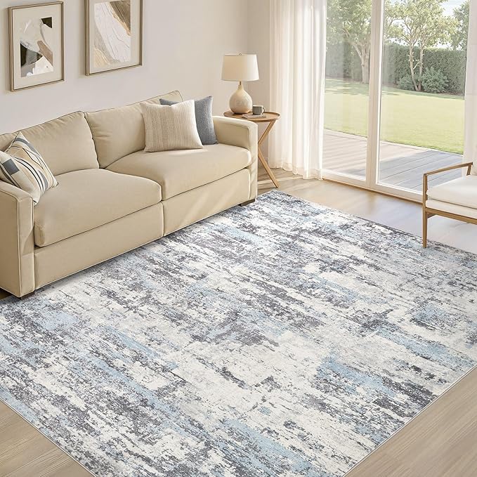Area Rugs for Living Room: 7x10 Abstract Washable Rug Modern Neutral Large Soft Stain Resistant Non-Slip Backing Machine Table for Bedroom Dining Room Indoor Home Office Carpet - Blue Grey