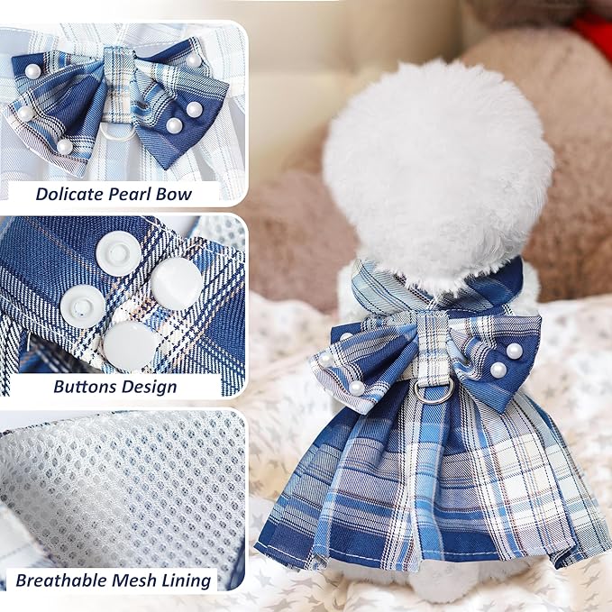 Dog Dress Bowknot Harness Leash Set for Small Dogs Girl Cute Plaid Dog Dress Pearls Bow Tie Spring Summer Princess Clothes Birthday Holiday Doggie Outfits for Puppy Cats Girl Apparel (Red, Small)