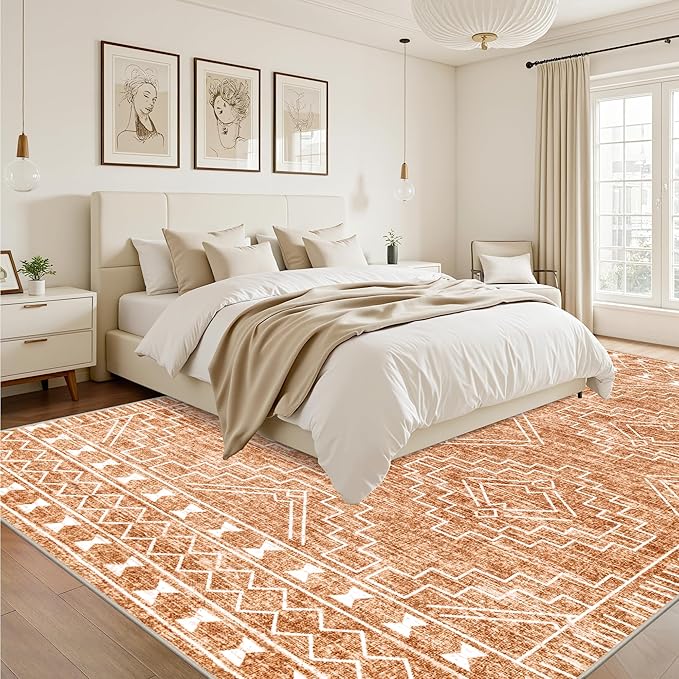 5x7 Area Rugs Living Room Rug: Washable Rug Neutral Lagre Soft Thin Carpet Indoor Floor Non Slip Boho Geometric Moroccan Carpets for Bedroom Dining Room Farmhouse Nursery Office - Dark Brown