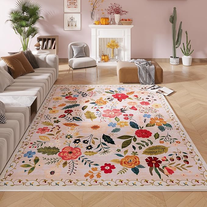 Rugcomf Living Room Rug 6x9 Rug Machine Washable Boho Area Rug Non Slip Floral Vintage Low Pile Large Rug for Living Room, Bedroom, Farmhouse, Dining Room, Kids Playroom(Beige)