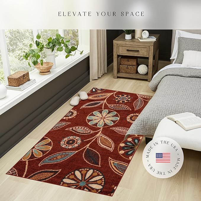 Maples Rugs Reggie Floral Area Rug - Made in USA - Washable, Non Slip, Pet-Friendly Mats for Living Room, Bedroom, and Office, 3'4" x 6', Merlot