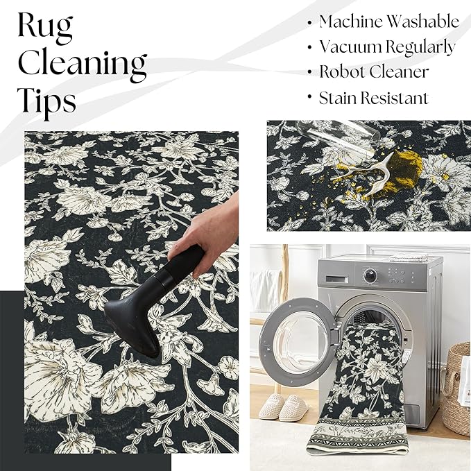 Black Boho Living Room Rug 5x8, Washable Low Pile Non Slip Area Rugs for Bedroom, Dining Room, Office, Farmhouse Retro Carpet Indoor Cream Beige Taupe Pattern Aesthetic Sketch Style Vintag Room Decor
