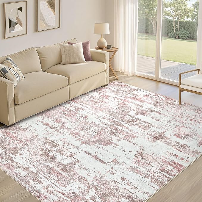 Area Rugs for Living Room: 5x8 Abstract Washable Rug Modern Neutral Large Soft Stain Resistant Non-Slip Backing Machine Table for Bedroom Dining Room Indoor Home Office Carpet - Pink