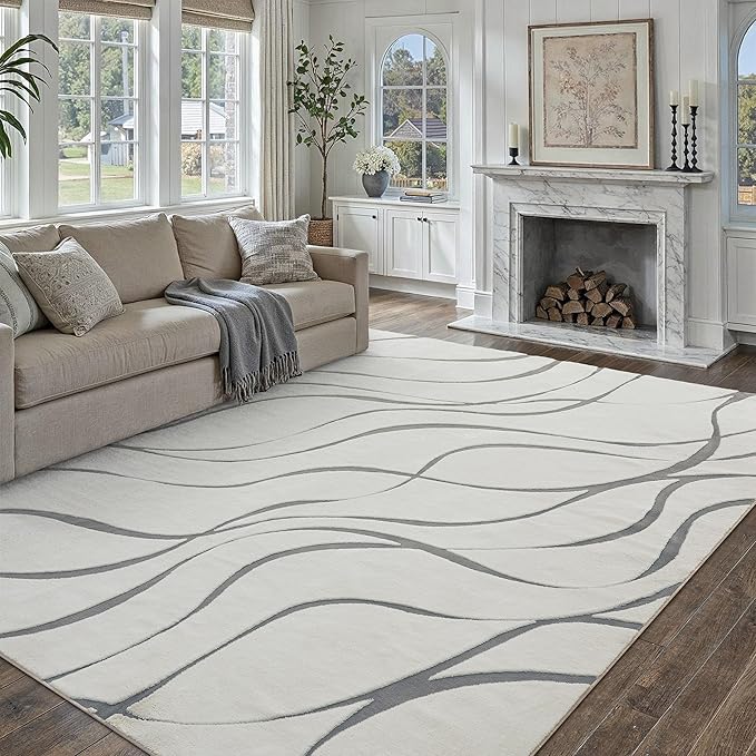 HUGEAR Shag Area Rug 8x10 Grey & Ivory Washable Living Room Bedroom Rug Non Slip Non-Shedding Soft Plush Medium Pile Large Throw Carpet for Home Office Aesthetic Modern Decor
