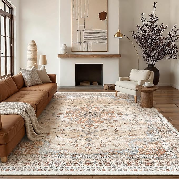 HUGEAR Machine Washable Area Rugs 6x9 Vintage Orange Living Room Bedroom Rug Neutral Style Non Slip Stain Resistant Low Pile Throw Carpet for Home Retro Aesthetic Modern Decor