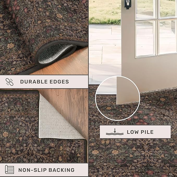 Washable Dark Taupe Brown 4x6 Area Rugs for Living Room, Bedroom Bedside Rug, Kitchen, Mudroom, Non-Slip Low Pile Ultra Soft Stain Resistant, Small Vintage Green Botanical Floral Carpet