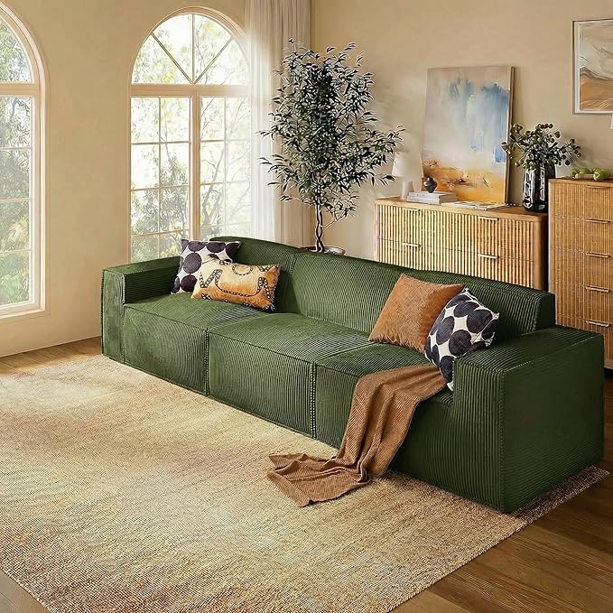 Marsail Modular Sectional Sofa, 111" I-Shaped Modular Sectional Couch with Deep Seat, Freely Combinable Sectional Cloud Sofa for Living Room, No Assembly, Plush Corduroy Fabric, Green