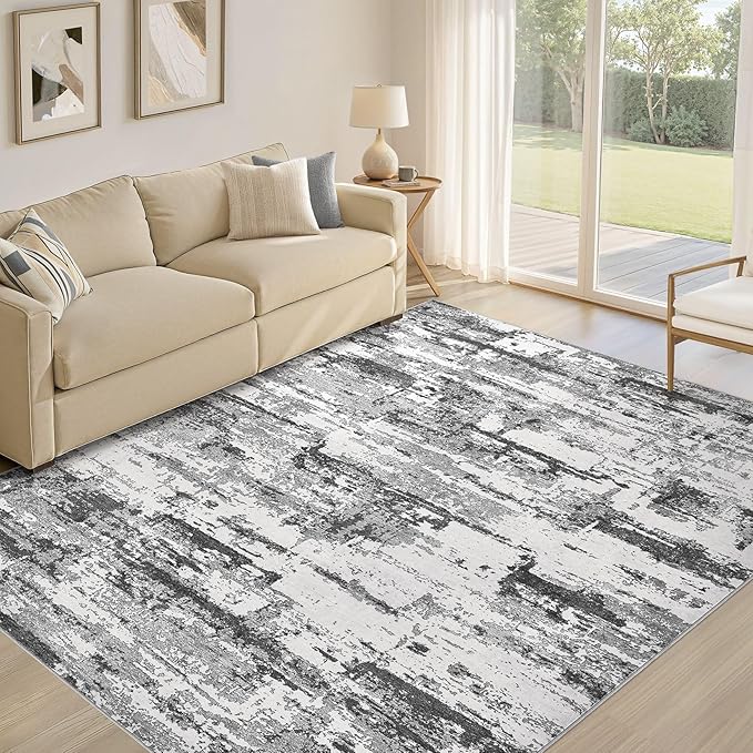 Area Rugs for Living Room: 6x8 Abstract Washable Rug Modern Neutral Large Soft Stain Resistant Non-Slip Backing Machine Table for Bedroom Dining Room Indoor Home Office Carpet - Black Grey