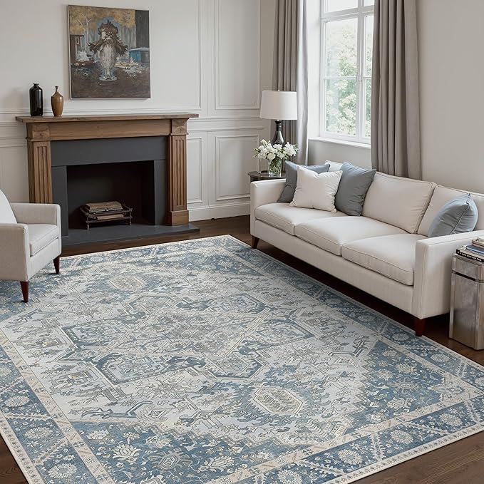 8x10 Area Rug Machine Washable Boho Rug for Living Room,Ultra-Thin Low Pile Carpet,Lightweight Indoor Printed Rug,Non Slip Floral Area Rug for Bedroom, Dining Room, Home Office,Light Blue