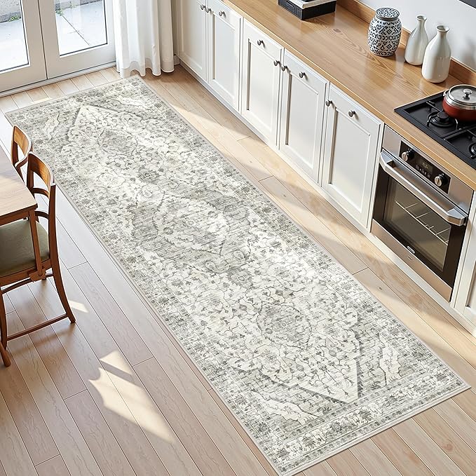 Deerly 3x8 Runner Rug Non Slip - Kitchen Washable Rug Runner with Non-Shedding, Boho Runners for Hallways Distressed Carpet Bedroom Border Cream