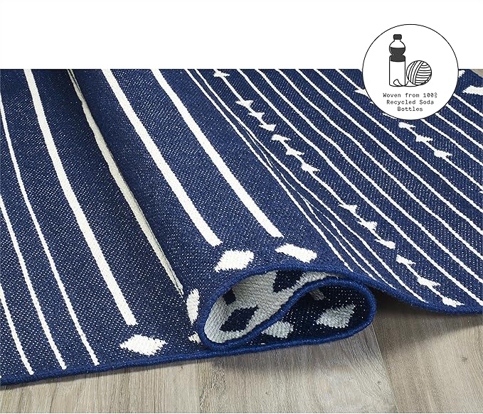 Fab Habitat Machine Washable Area Rug - Hand Woven, Stain Resistant, Pet Friendly, Reversible - Premium Recycled Polyester Yarn - Aztec, Kilim - Bedroom,Living Room - Flagstaff - Navy/White - 4 x 6 ft