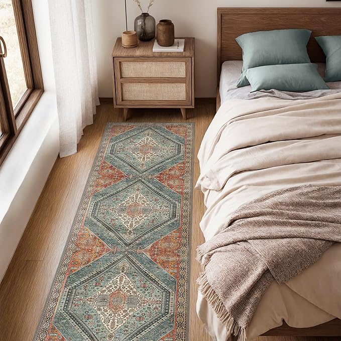 Bavni Kitchen Rug 2x5 Runner Rugs for Hallways Entryway, Washable Vintage Print Carpet, Ultra-Thin Chenille Low Pile Lightweight Rug with Non Slip Backing, Light Red/Blue