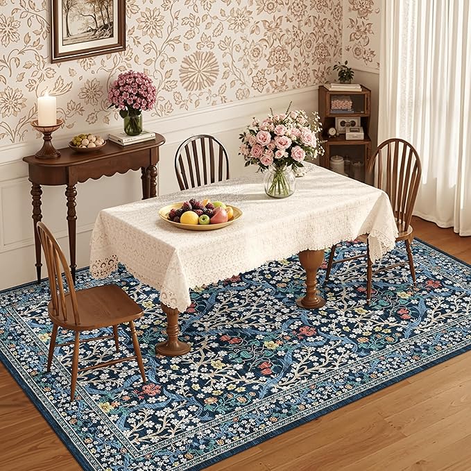 GarveeHome Floral Area Rugs 5x7, Dark Blue Washable Rug for Living Room, Bedroom, Low Pile Non Slip Stain Resistance Indoor Boho Carpet Mat for Farmhouse, Dining Room, Office