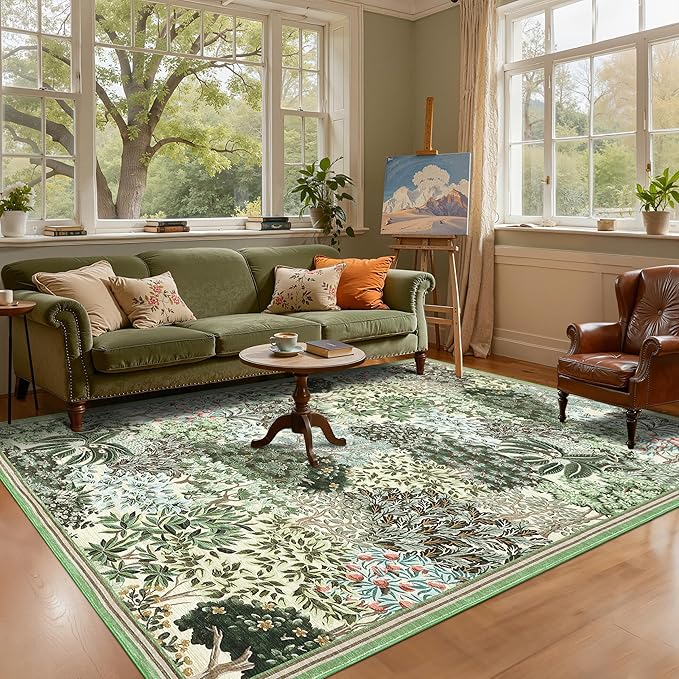 GarveeHome Forest Rugs 6x9, Beige Green Washable Area Rug for Living Room, Botanical Low Pile Non Slip Stain Resistance Woodland Area Rug for Farmhouse, Bedroom, Dining Room