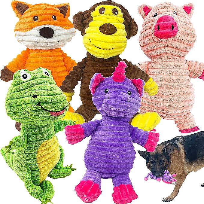 Jalousie Plush Toys Assortment Value Bundle Puppy Pet Mutt Squeak Toy for Medium Large Dogs (5 Pack Corduroy)