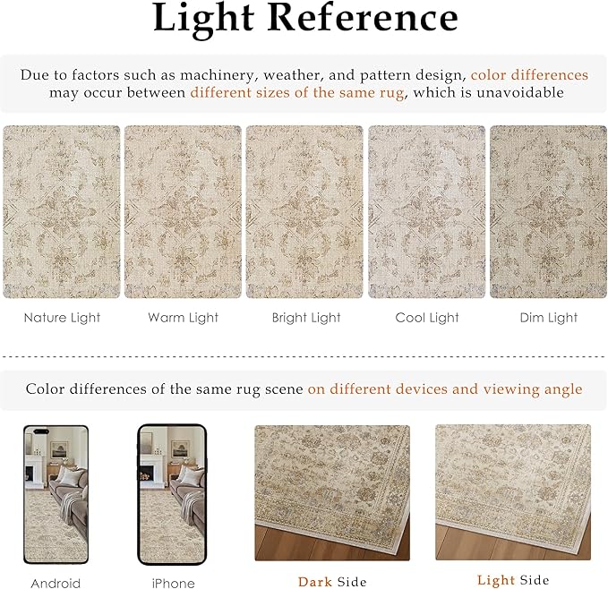 HUGEAR 6x9 Area Rug Beige Vintage Machine Washable Living Room Retro Rugs Distressed Floral Vacuumable Low Pile Carpet Bedroom Office Dining Room Laundry Room Non Slip Soft Lightweight