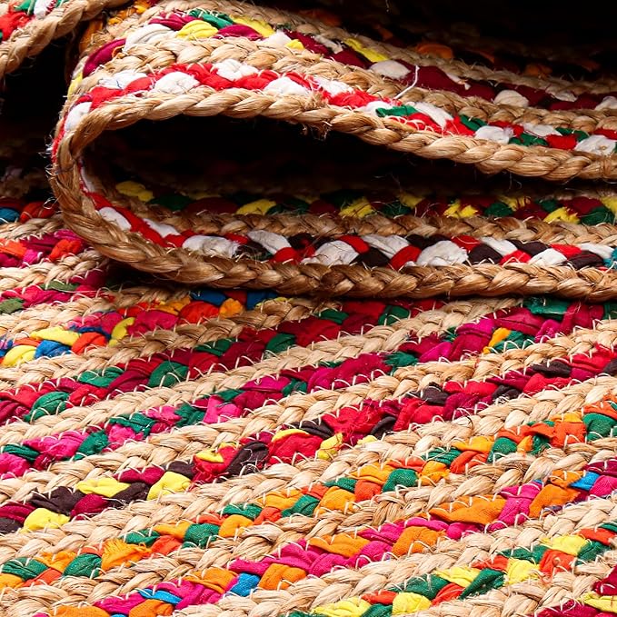 Hausattire Bohemian Braided Rug 5' Round - Multi Color, Rustic Hand Woven Rag Rugs for Kitchen, Kids Bedroom, Living Room | Colorful Farmhouse Pet Friendly Reversible Decorative Carpet