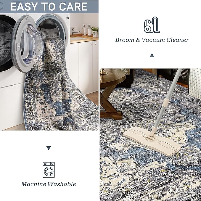 5x7 Area Rugs for Living Room, Stain Resistant Neutral Washable Rugs for Dining Room, Floral Vintage Non-Slip Thin Large Size Area Rug (Blue/Black)