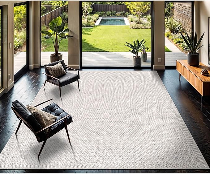 CAMILSON Easy Jute Rug 10x14, Indoor Outdoor Off-White Color Fiber Area Rugs for Living Room and Patio Rug Herringbone Boho Woven Design Easy-Cleaning Washable Outside Carpet Alfombras 10 x 14