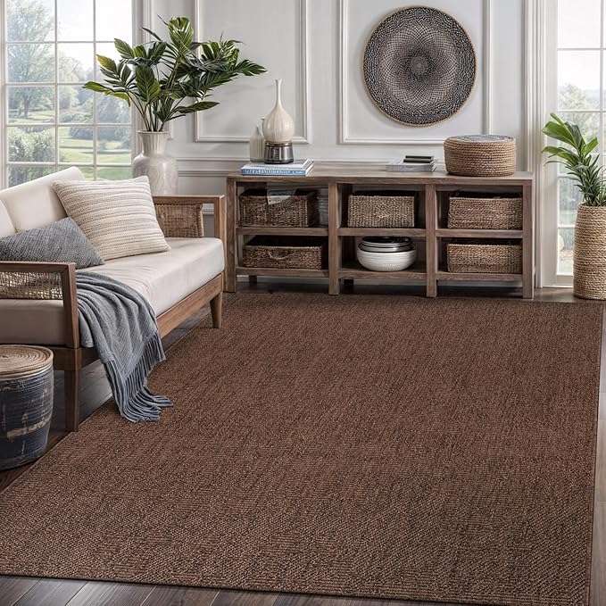 CAMILSON Easy Jute Rug 8x10, Indoor Outdoor Brown Color Fiber Area Rugs for Living Room Patio and Kitchen Rug, Solid Boho Woven Design, Easy-Cleaning, Washable Outside Carpet Alfombras (8 x 10)
