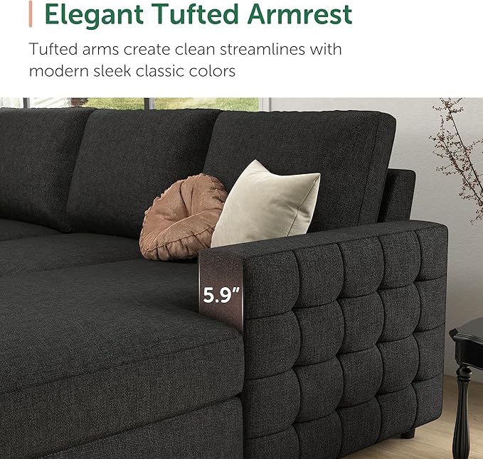 HONBAY Sectional Sleeper Sofa with Pull-Out Bed Storage Chaise,Modular Couch for Living Room, Dark Grey